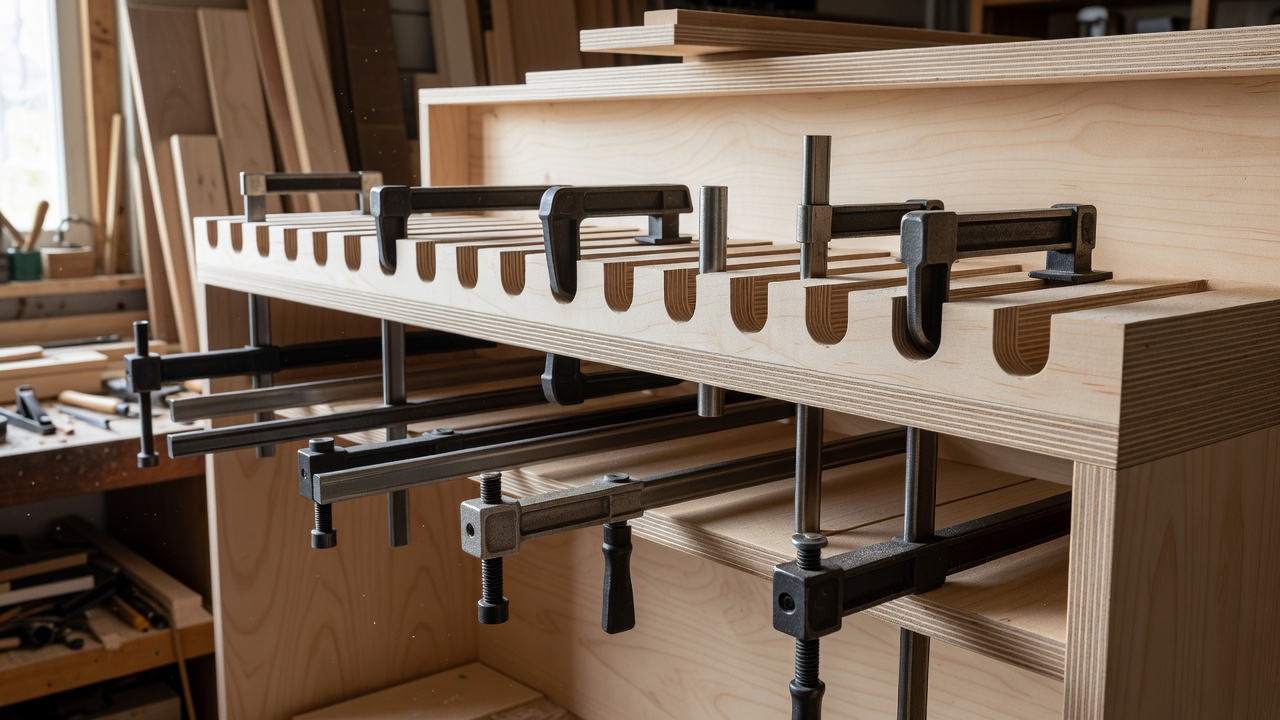 Plywood clamp rack showing open-ended slots and clamp bars resting beneath their heads