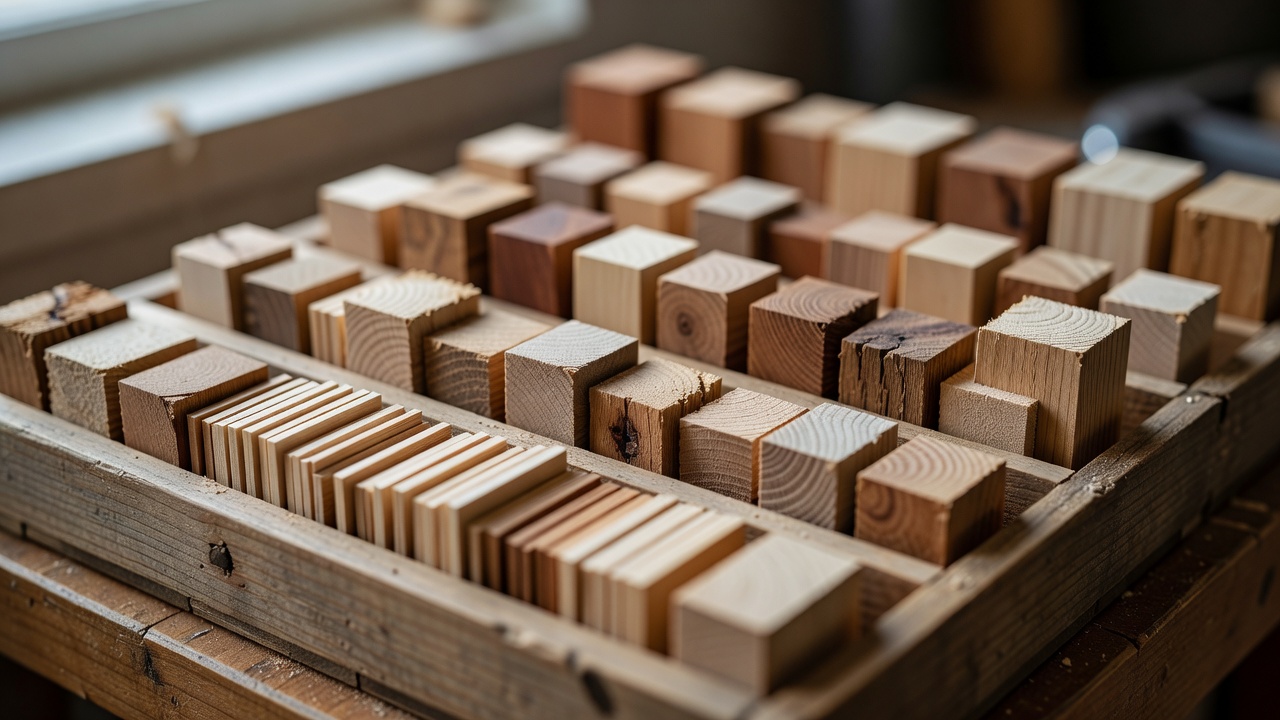 Shallow-focus view of short timber offcuts sorted by size in a low divided wooden tray