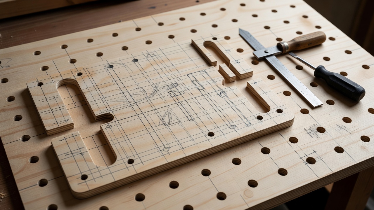 Pencil-marked plywood tool holder beside a square and screwdriver on a modular wall panel