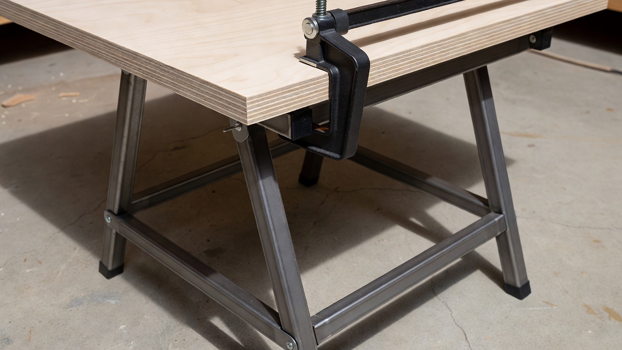 Plywood worktop edge secured with a clamp above a folding workshop support